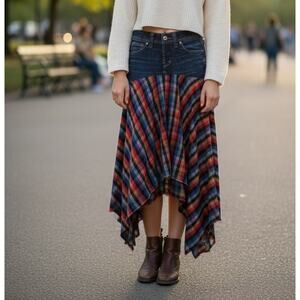 Upcycled Denim Flannel Skirt Handmade Asymmetrical MidiPlaid Handkerchief Fringe